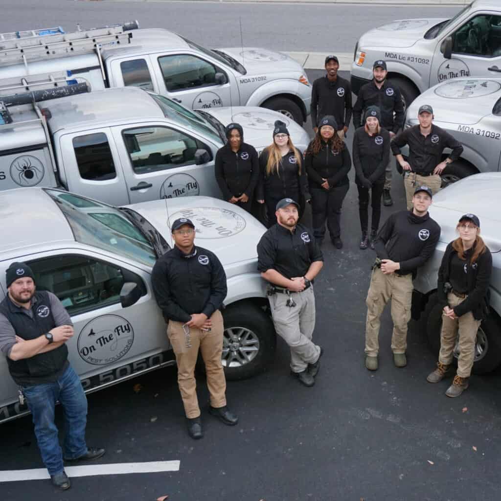 An image of the On The Fly Pest Solutions crew standing by their trucks.