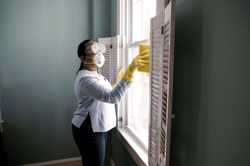 Women removing bugs from window